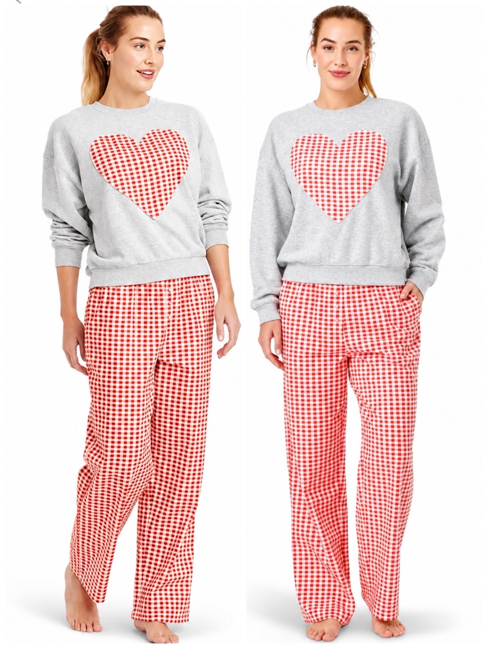 Gingham Heart Graphic Sweatshirt Top & Red Gingham Pants Bottom Pajama Set